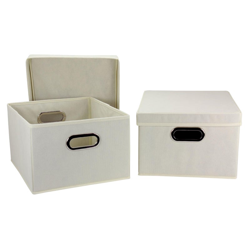 Household Essentials Fabric Storage Boxes with Lids and Handles, Natural - Image 1